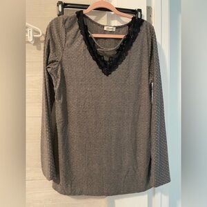 Blumin Apparel Charcoal Long Sleeve Top with Black Lace Trim